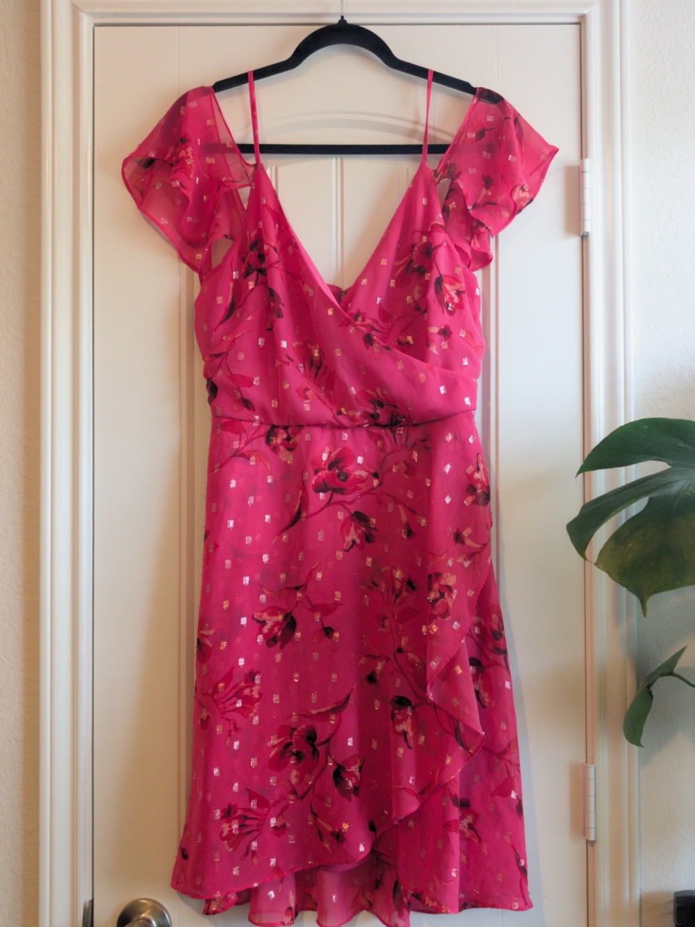 White House Black Market Floral Ruffle V-Neck Pink Dress